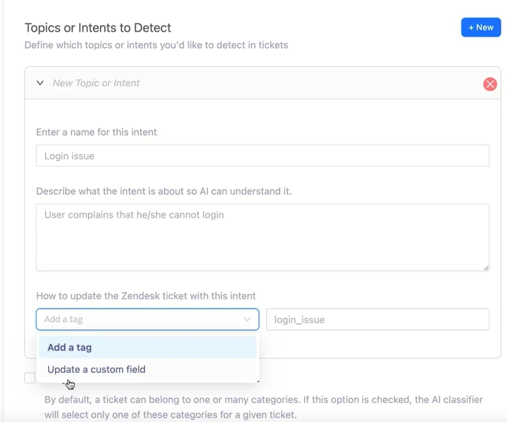 Ticket Classification settings: defining a topic or intent for the AI to detect, and choosing whether it adds a tag or updates a custom field in Zendesk