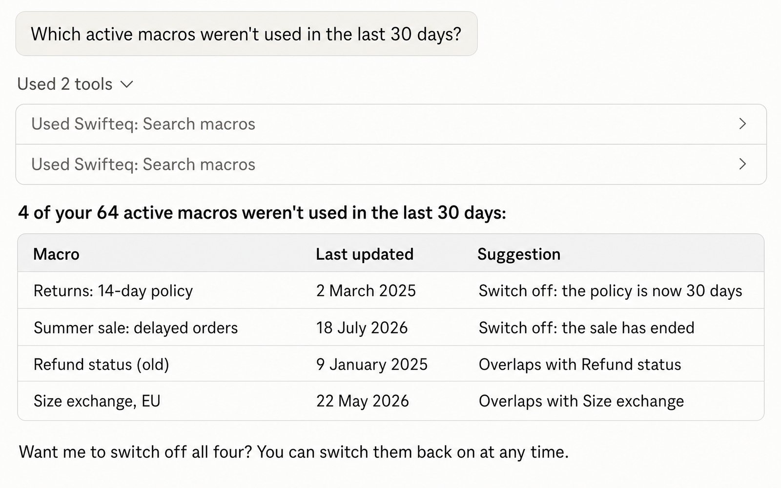 Claude finding unused and overlapping Zendesk macros