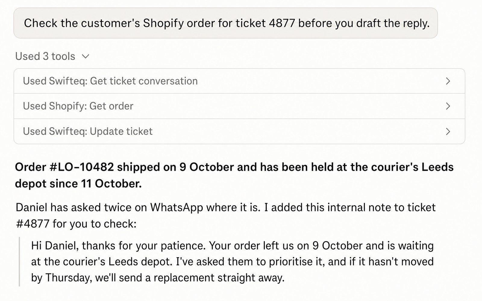 Claude checking a customer's Shopify order before drafting a Zendesk reply