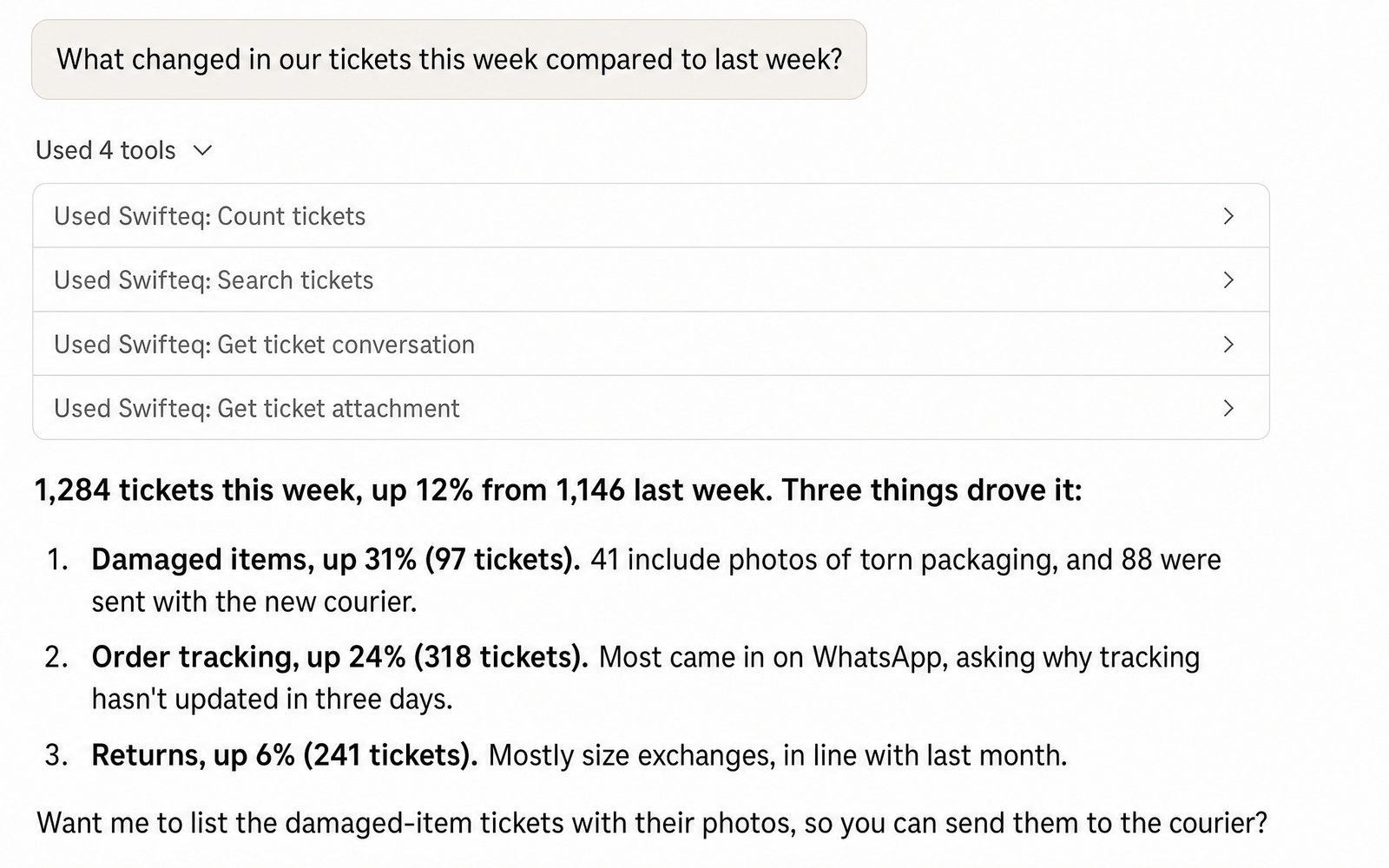 Claude comparing this week's Zendesk tickets with last week and finding what drove the increase