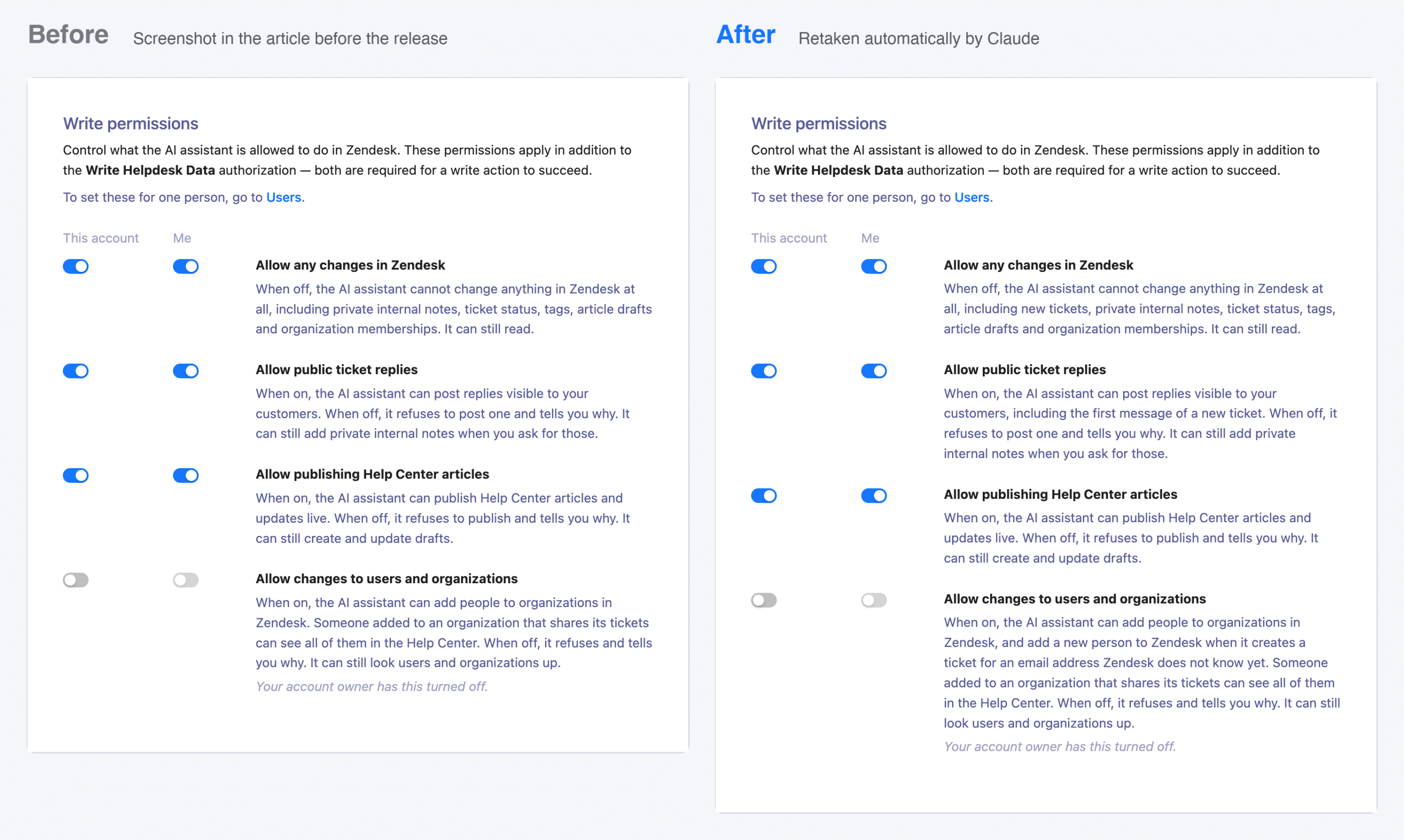 A settings screenshot in a Help Center article before the release, next to the one Claude retook automatically